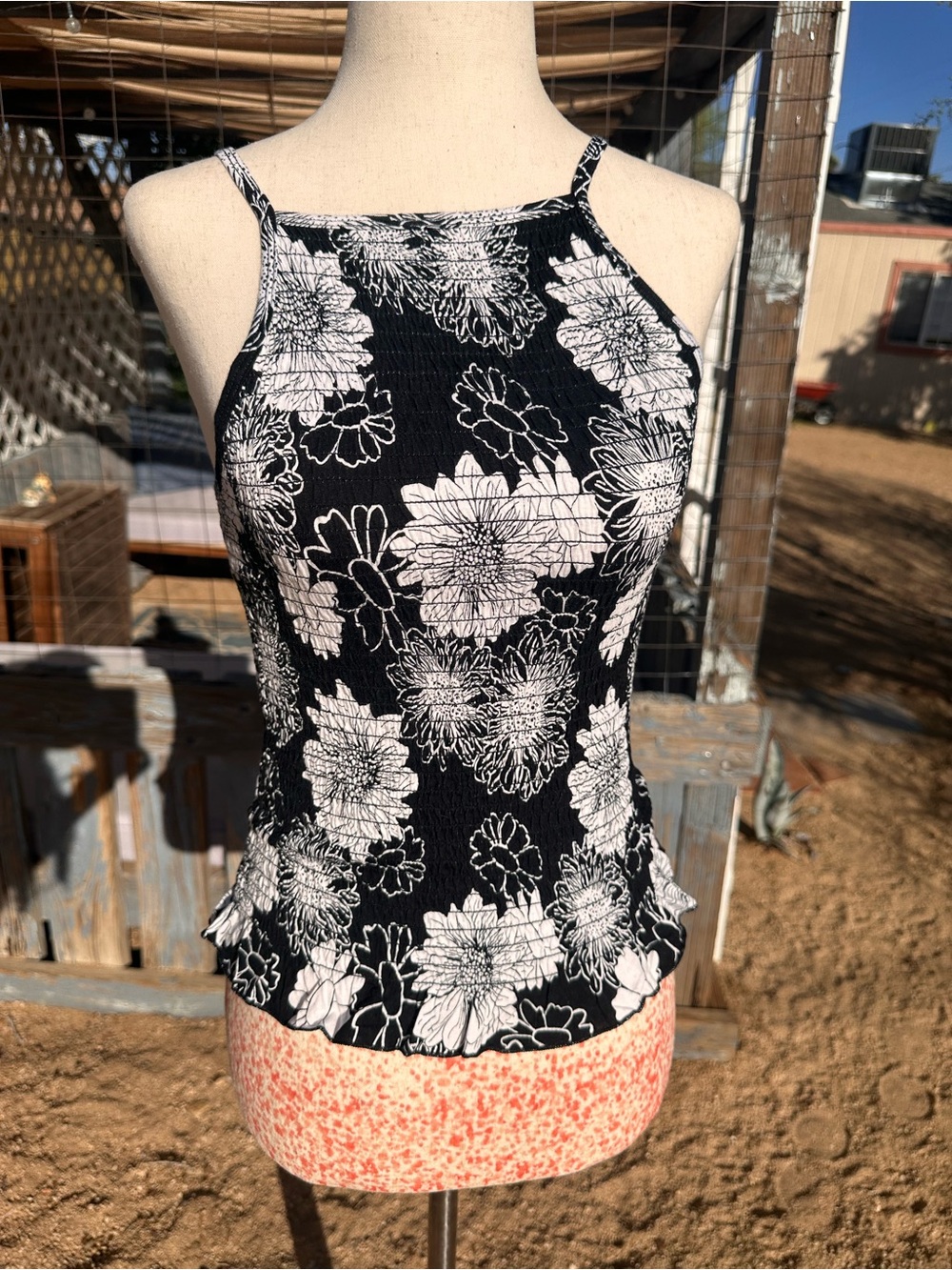NWT SO Black and White Floral Smocked Halter Cami
